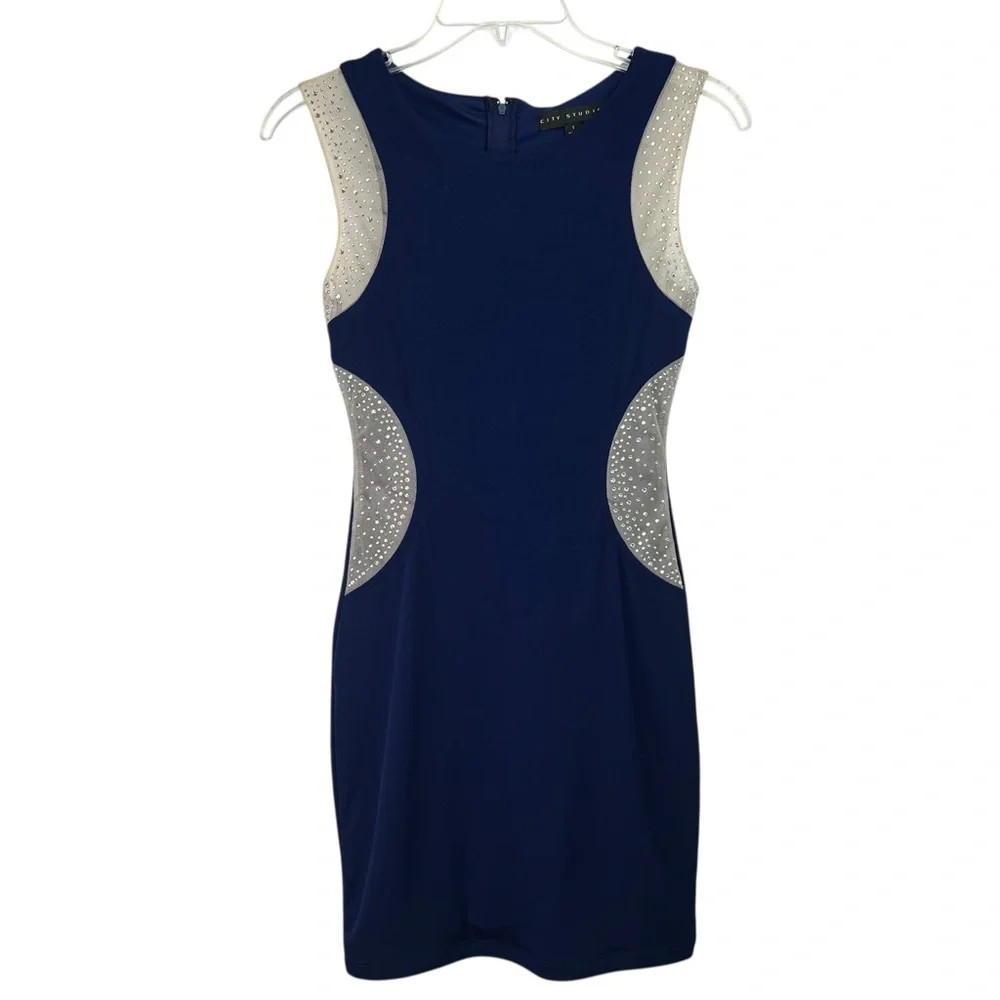 City studio Women’s Dress Sz 1 Blue/Cream Color Mesh W/Bling Sleeveless Back Zip